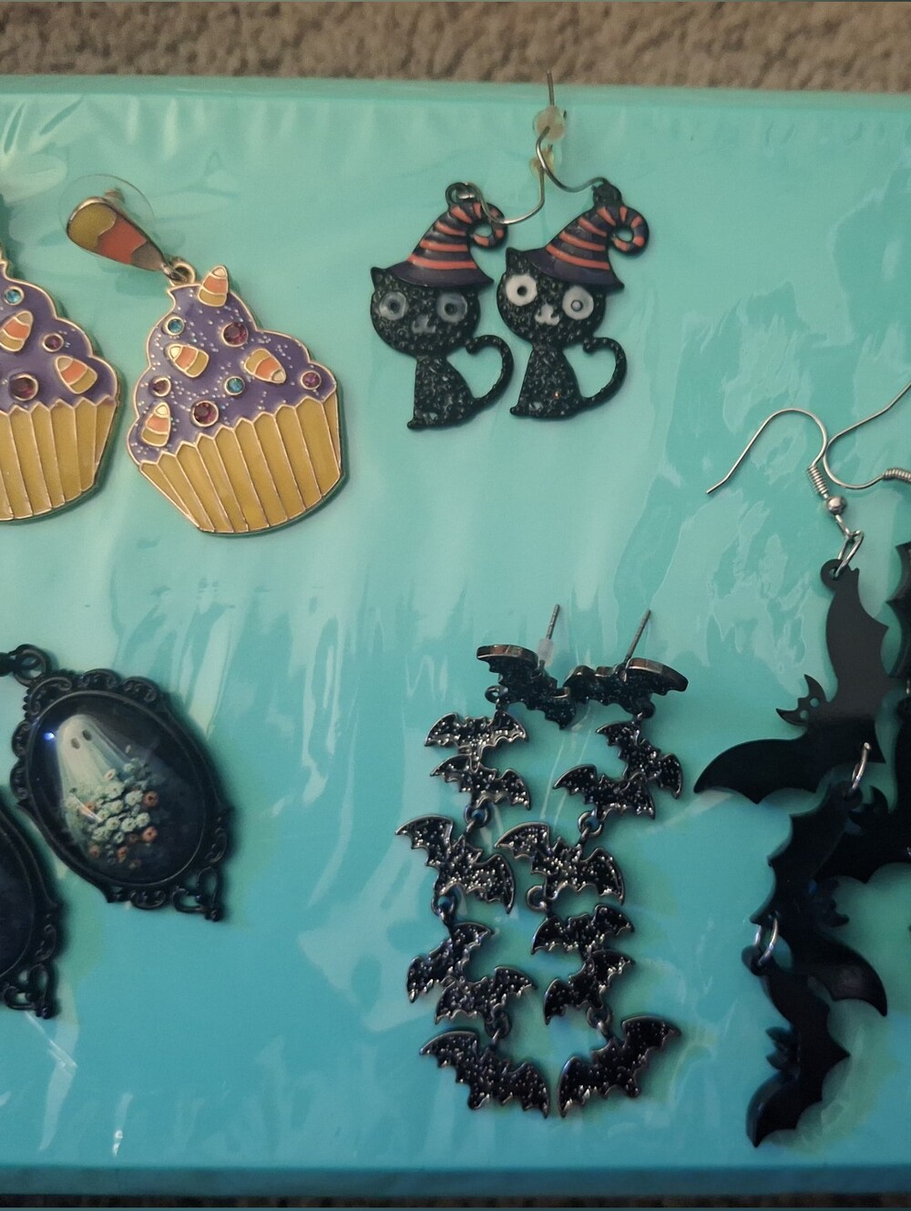 Halloween Cat and Bat Earrings Set — Black and Gold Accent Women’s Earrings